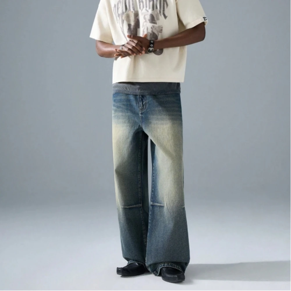 Spring New Arrival Vintage Distressed Loose Straight Fit Blue Jeans High Street Men's Fashion Denim Long Jean Jeggings Trousers