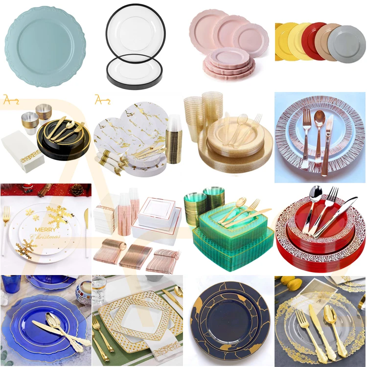 Hot Selling Bulk Sales Plastic Dinner Plates Set Cutlery Pink Gold Rim