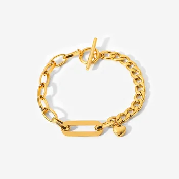Fashion Stainless Steel Heart Charm Bracelet 18K Gold Plated Trend Cuban Chain Bracelet