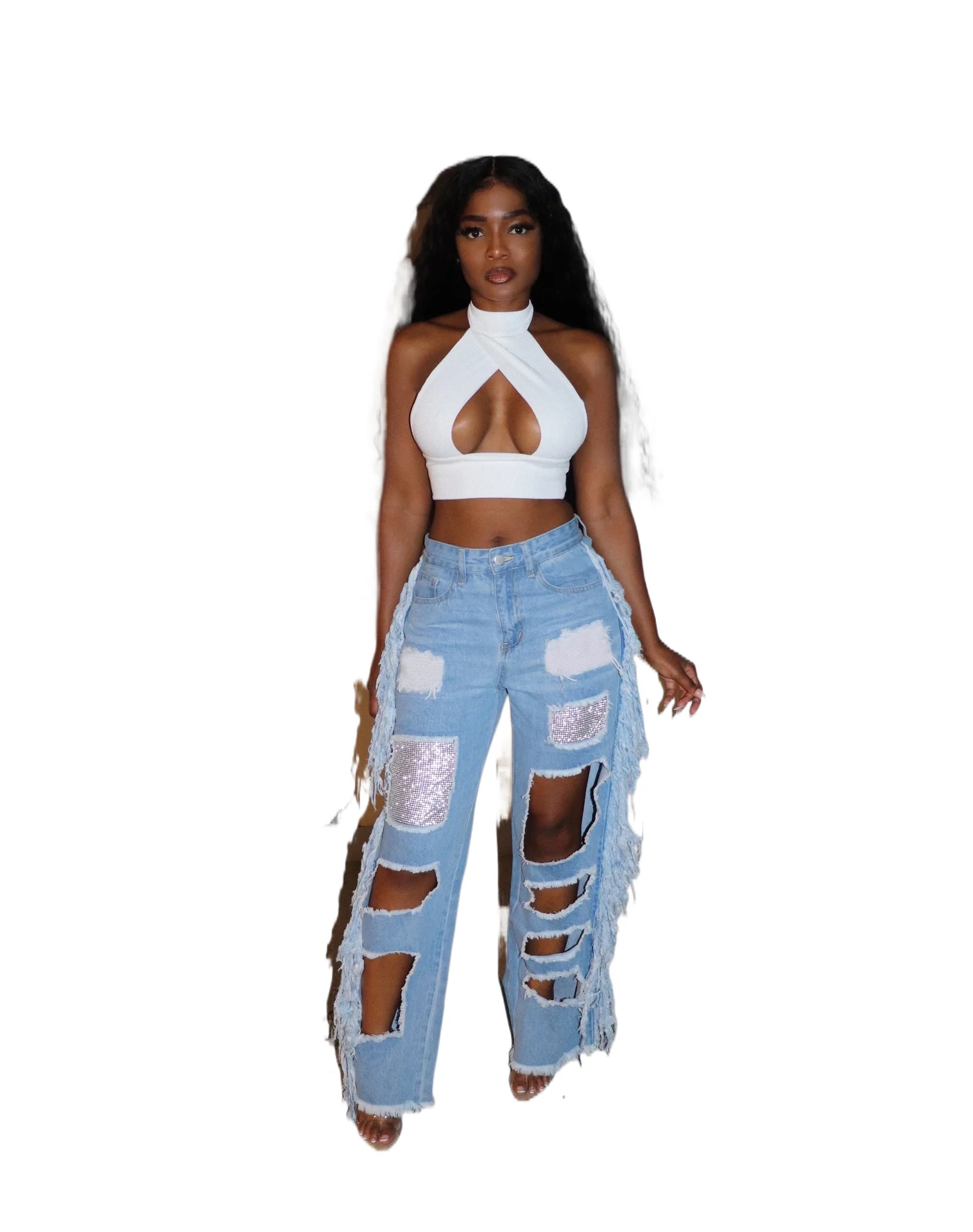Ladies Fashion Rhinestone Baggy Jeans 