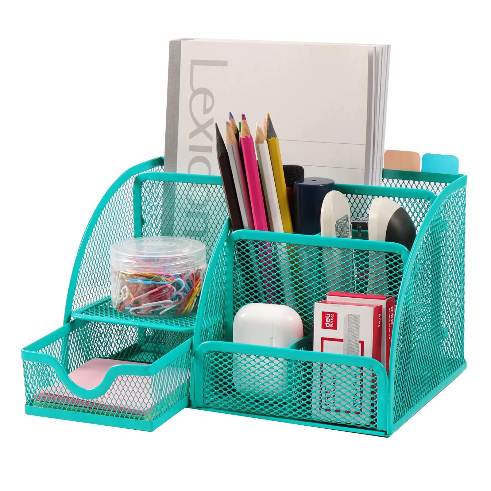 Multi Functional Metal Mesh Pen Holder With 6 Compartments And 1 Drawer