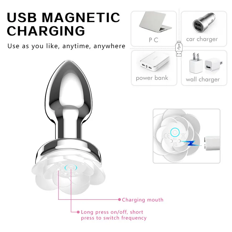 Wireless Remote Control Vibrating Flashing Light Flower Heart Shape Plug Anal Con Vibrator APP Metal Anal Butt Plug for Woman