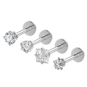 4Pcs/Set Round Zircon Stainless Steel Lip Ring Piercings Studs Heart Star Labret Ring Women Ear Tragus Helix Daith Body Jewelry