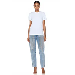 Spring and Summer New Shopping Sequins Stripes Design Light-colored  Jeans Women