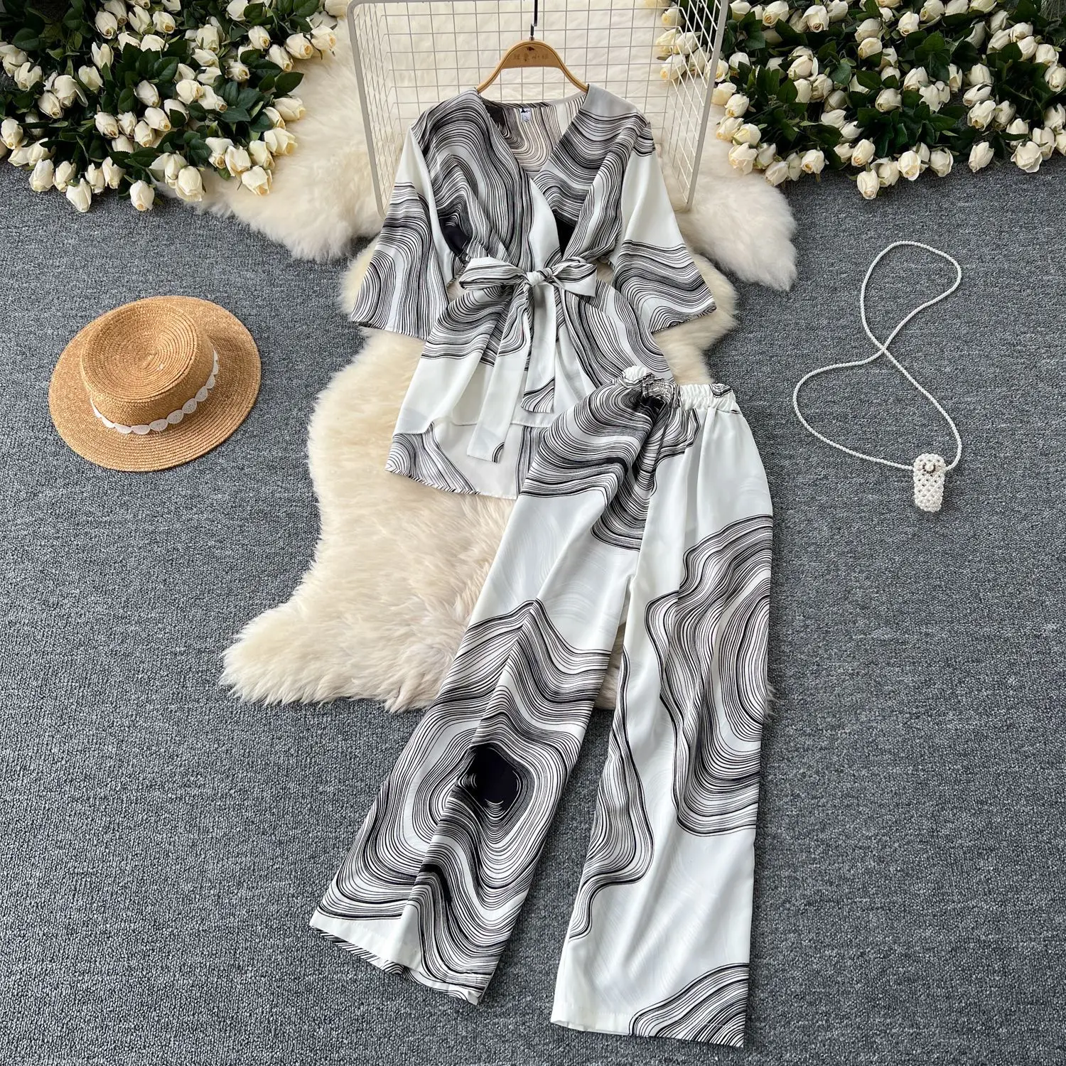 Women's Waist Tie Five Points Sleeve Printed Top High Waisted Loose Wide  Leg Casual Pants 2 Piece Set| Alibaba.com