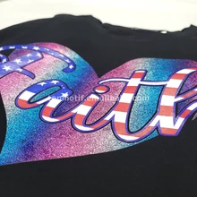 Custom Rainbow Color Glitter Bling  Faith Heart Heat Transfer Printing Applique For Sports Bra Shirt