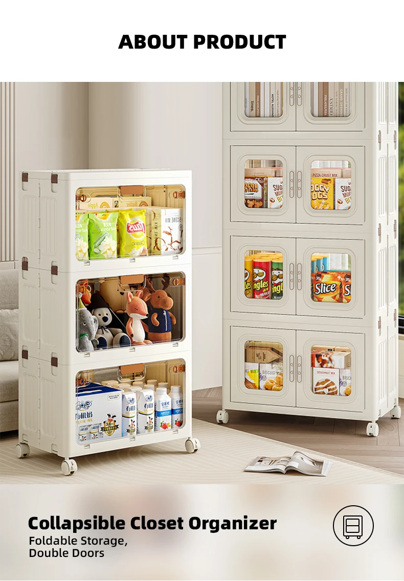 product wanuo 5 tier foldable plastic storage cabinet double sided transparent home storage cabinet with wheels-2