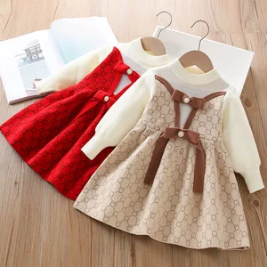 Girls' O-neck Sweet Print Knee-Length A-line Sweater Dress for Children Autumn/Winter Breathable New Style Top Brand