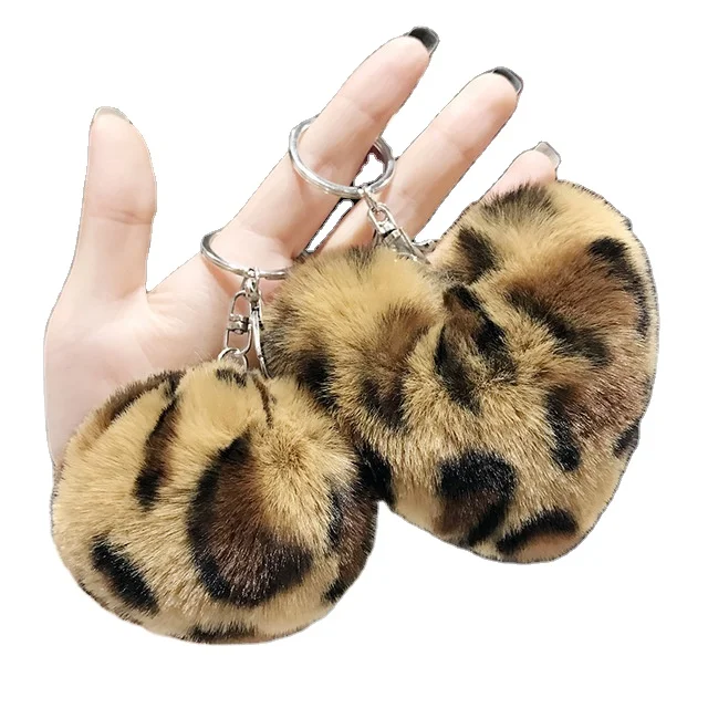 Fluffy Leopard Print Heart Keychain Pompom Rabbit Fur Ball Key Chains Car Bag Keyring