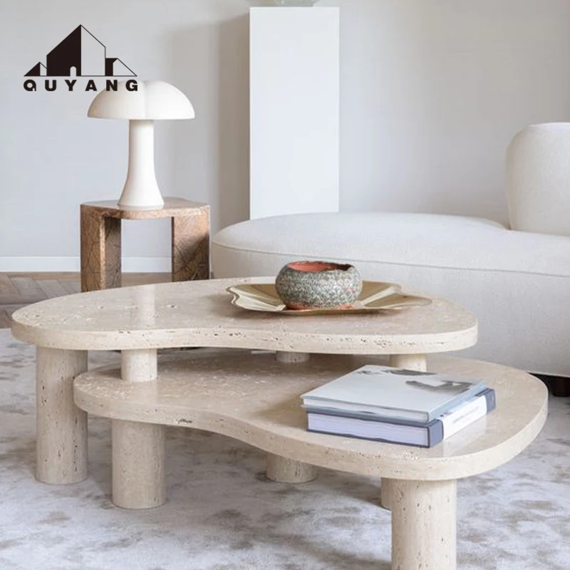 QUYANG卸売トラバーチン台座ガラス屋根大理石サイドテーブルモダンな