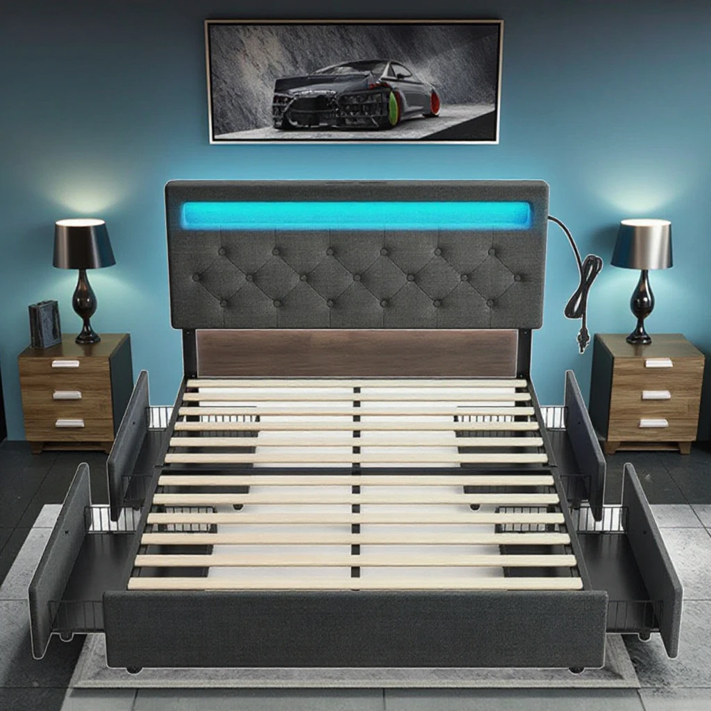 Full Size Bed Frame with Charging Station and LED Lights, Upholstered Bed with Adjustable Headboard and 4 Storage Drawers Metal