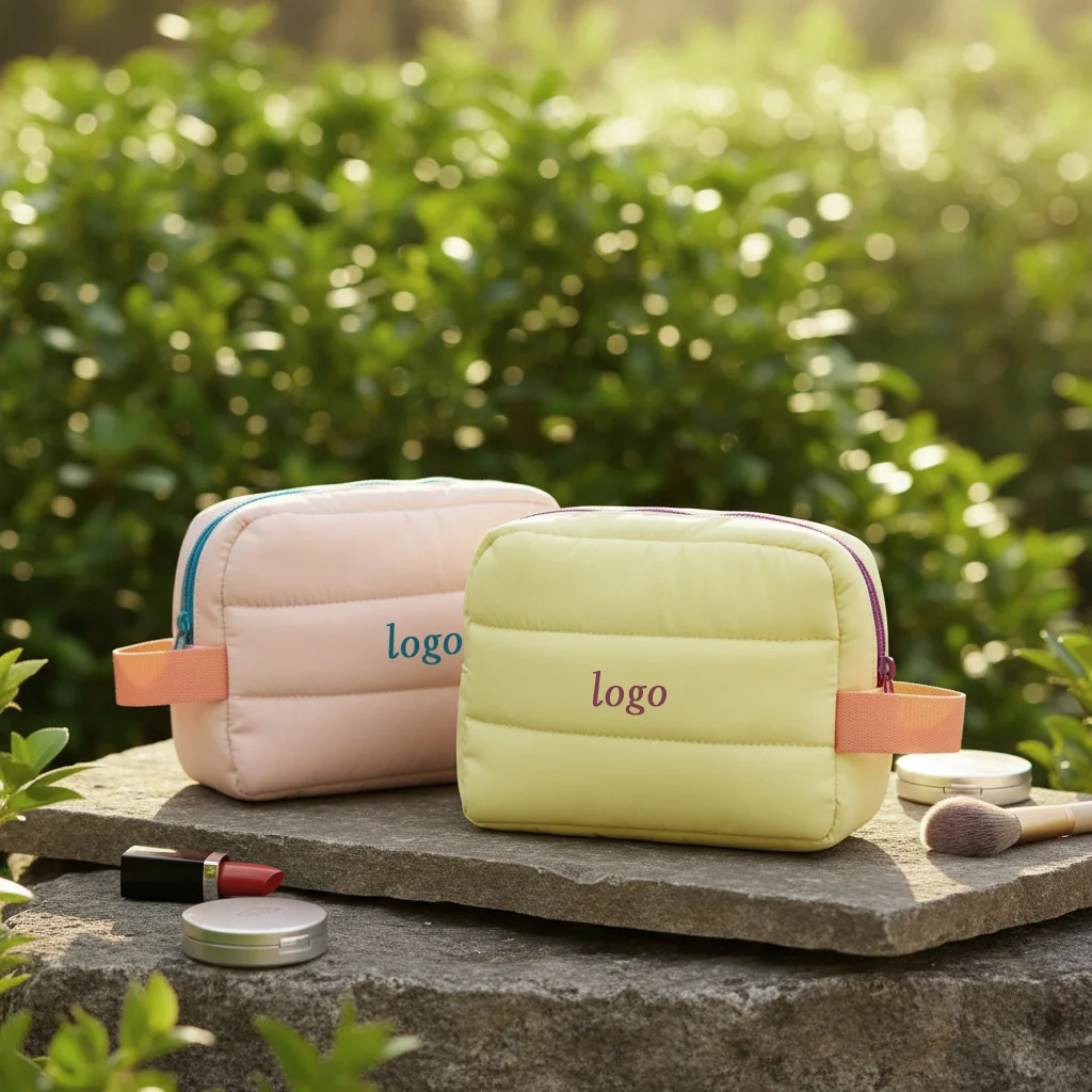 Customized Logo Large Nylon Puffy Makeup Bag Quilted Waterproof Travel Cosmetic Pouch with Zipper and Soft Handle