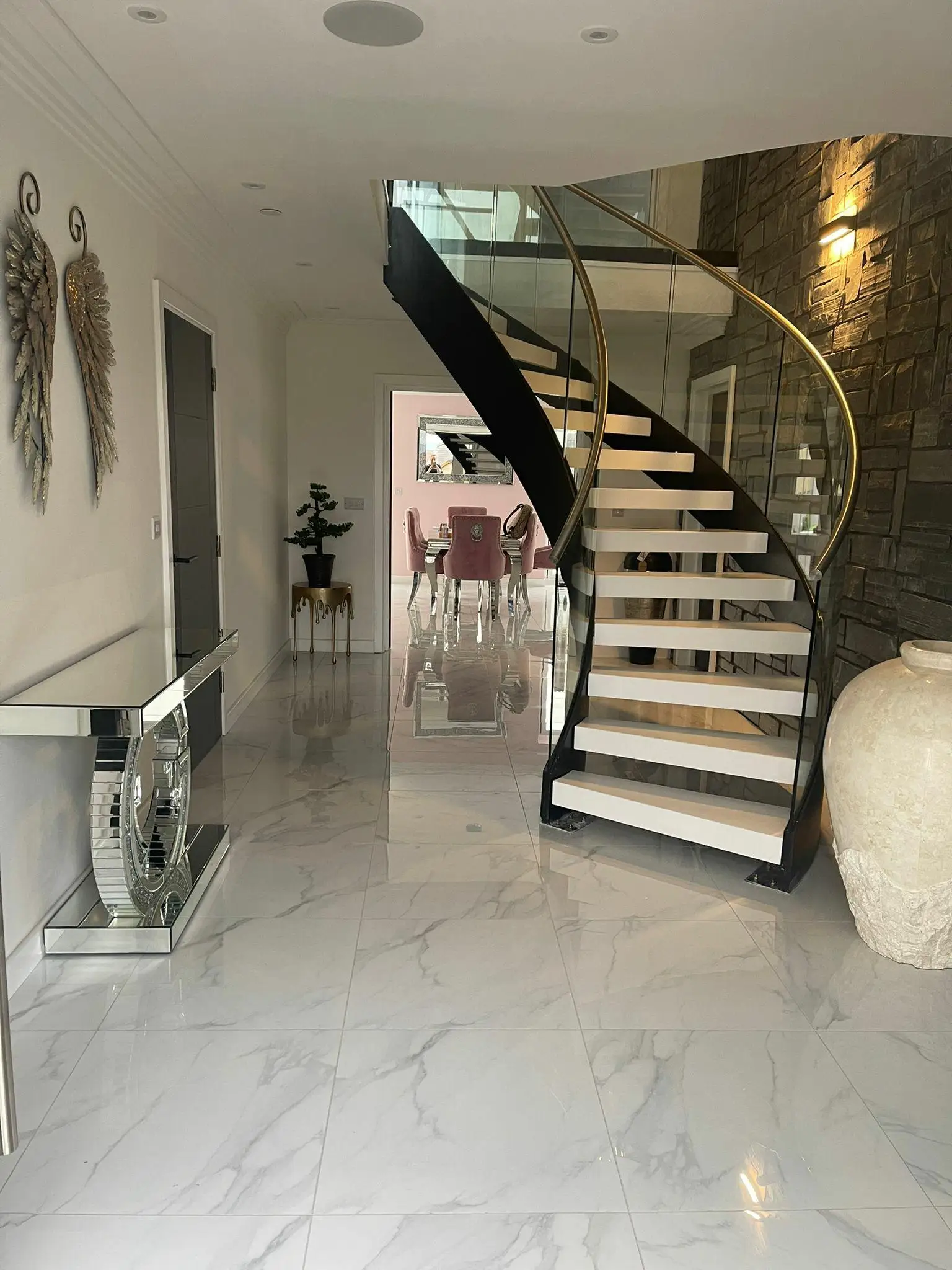 DB with Wrought Iron Balustrade Glass Railing Indoor 16mm Marble Tread High End Luxury Curved Stairs for America details