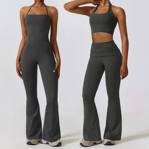 Wholesale Soft High Waistd Workout Halter Tops Sports Sets Jumpsuit for Women Yoga Flare Pants