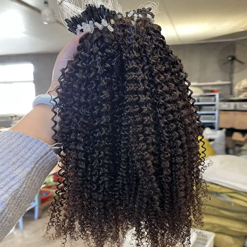 Kinky Curly Micro Ring Echthaar Extensions Für Damen Schwarz Braun_voghion.com
