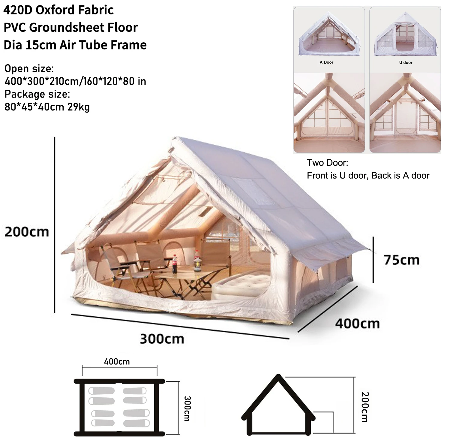 Luxury Inflatable Tent - 3X4 Camping with 3 Rooms