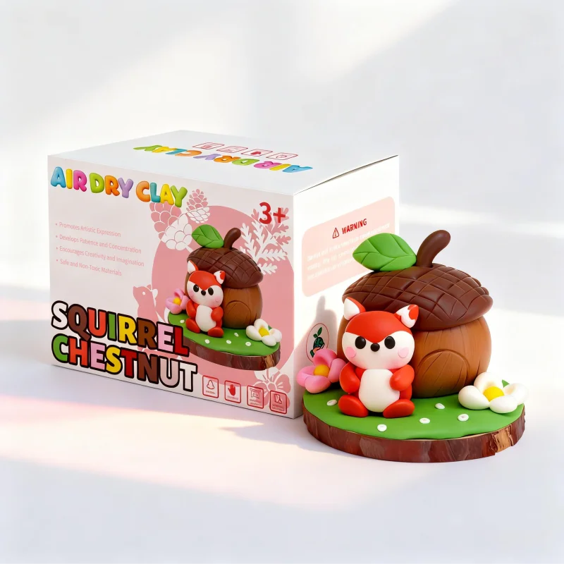 12色空気乾燥式柔らかい造形用粘土キット（彫刻用ツールおよびチュートリアル付き）―DIYで楽しめるクリエイティブな「リスと栗」アート・クラフトおもちゃ