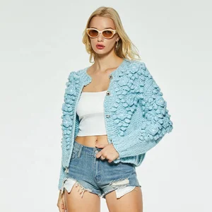 Custom Chunky Cropped Women Sweater Coat Hand Knitted Embroidery Flowers Open Front Thick Ladies Top Casual