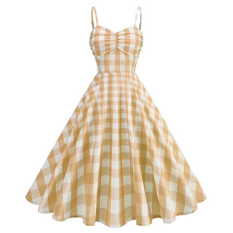 Retro Summer Dress Women Robe Swing Spaghetti Straps Plaid Backless 50S 60S  Vintage Pinup Rockabilly Dress| Alibaba.com