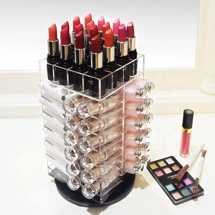 Simple Rotating Acrylic Cosmetic Lipstick Tower Organizer Water Resistant Storage Display Customizable Color Size Custom Logo 64