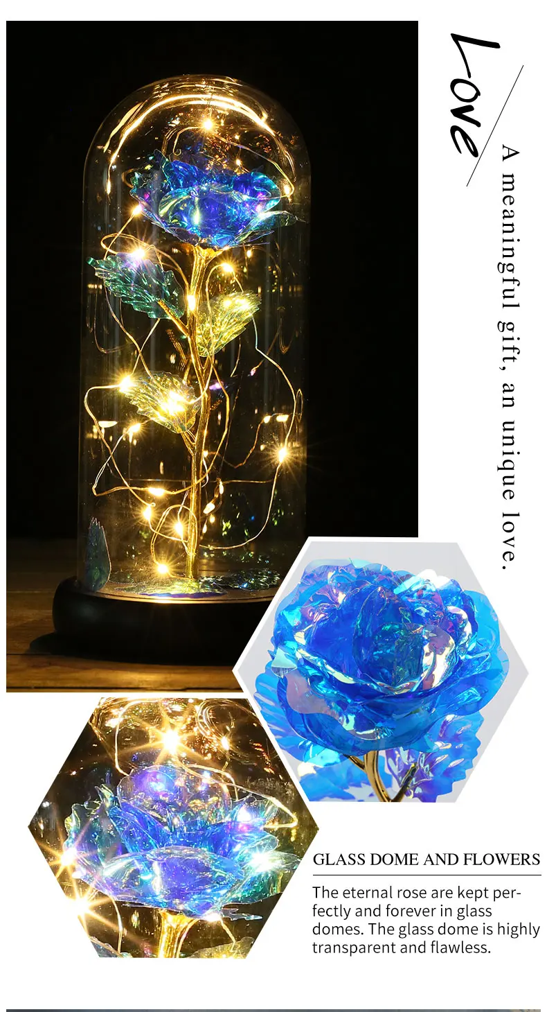 Rose flower in glass dome with base wooden and string lights details