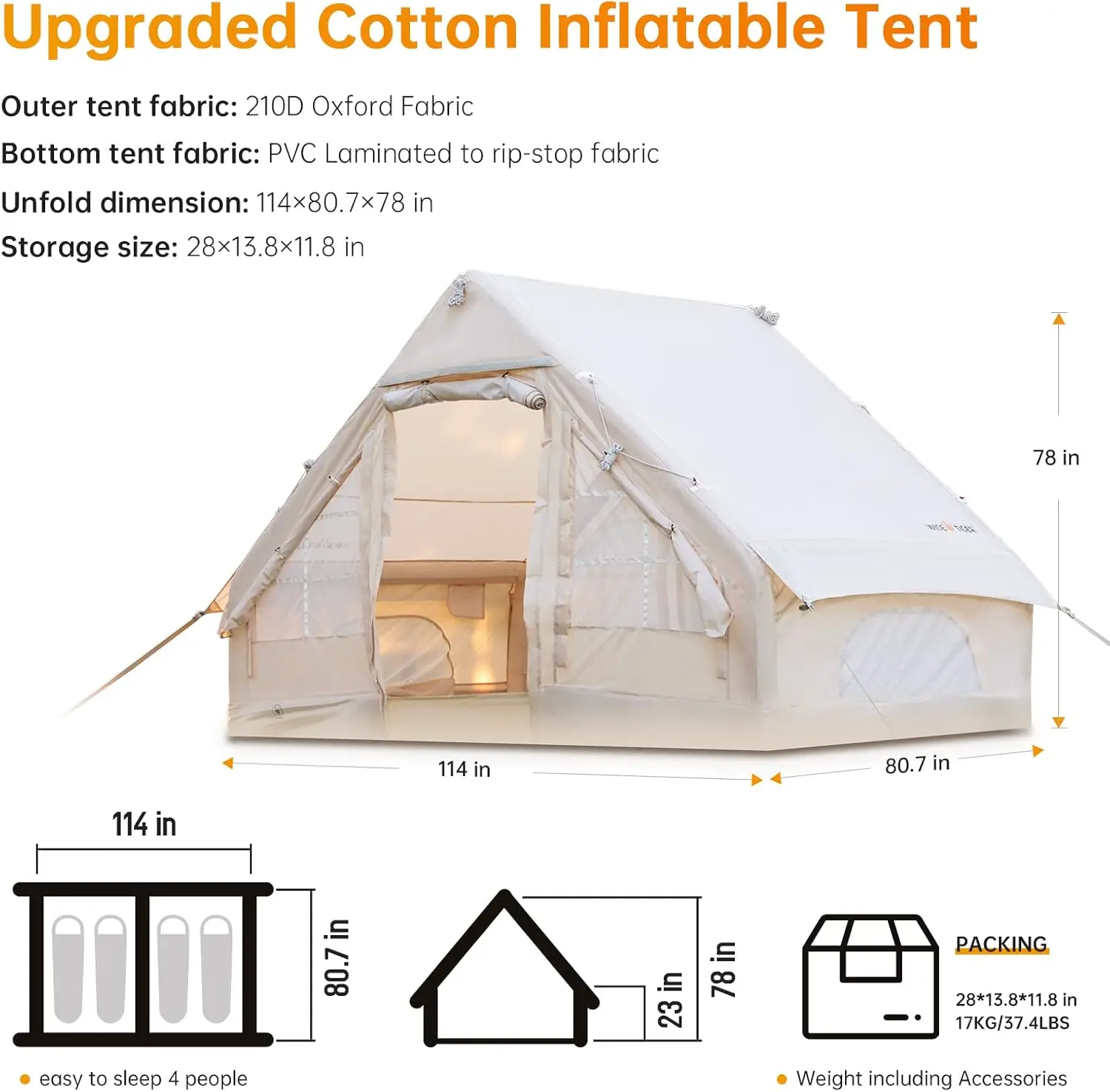 XZ OEM ODM Portable 4*3*2m Inflatable Party Camping Tent Waterproof Air Tent with Easy Set-up and Air Pump for Outdoor Camping