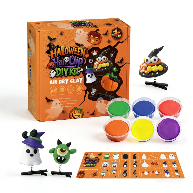 卸売ハロウィンDIYヘアクリップクラフトキット｜子供向けカスタム空気乾燥粘土アートセット（パーティーのお土産用）