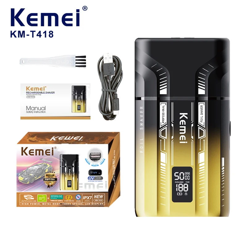 KEMEI Km-t418, rasoir électrique pour barbe avec batterie lithium-ion de 1400 mAh, désinfection UV, réglage électrique de la longueur de coupe, 3 vitesses (9000/9500/10000 tr/min), étanchéité IPX7, rasoir à cheveux pour hommes