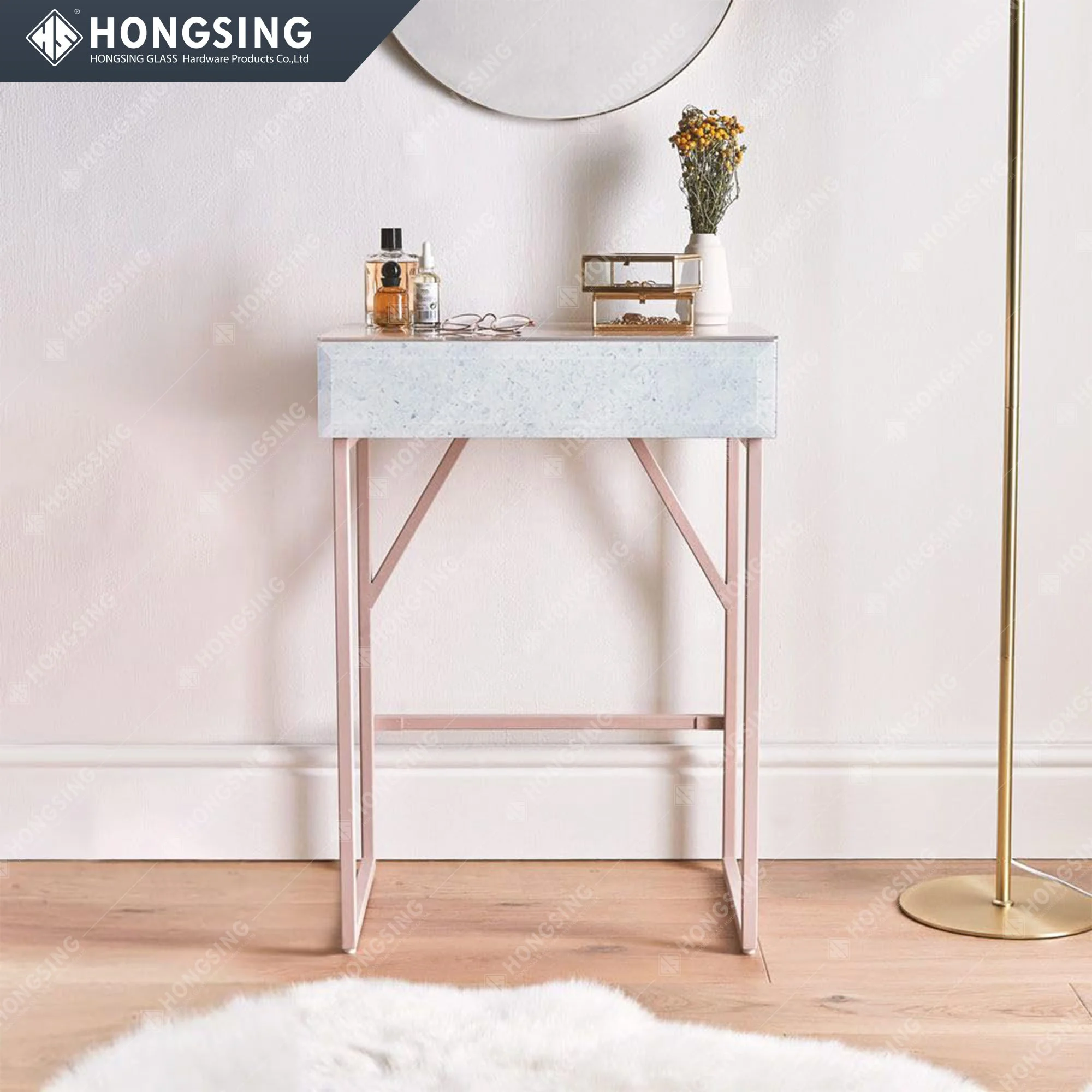 Makeup Vanity Desk for Bedroom Small Space Simple Ink Wash Stone  Pattern & Pink Small Corner Dressing Table with 1 Drawer