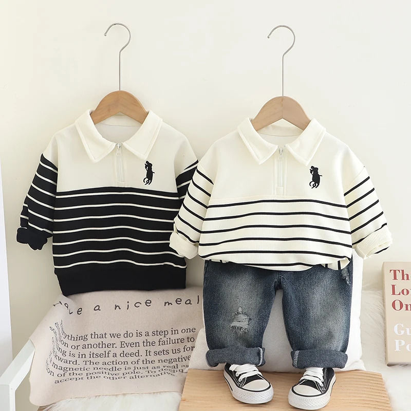 Boys' Hoodie Children's Spring and Autumn 2025 Boys' Striped Polo Shirt Set