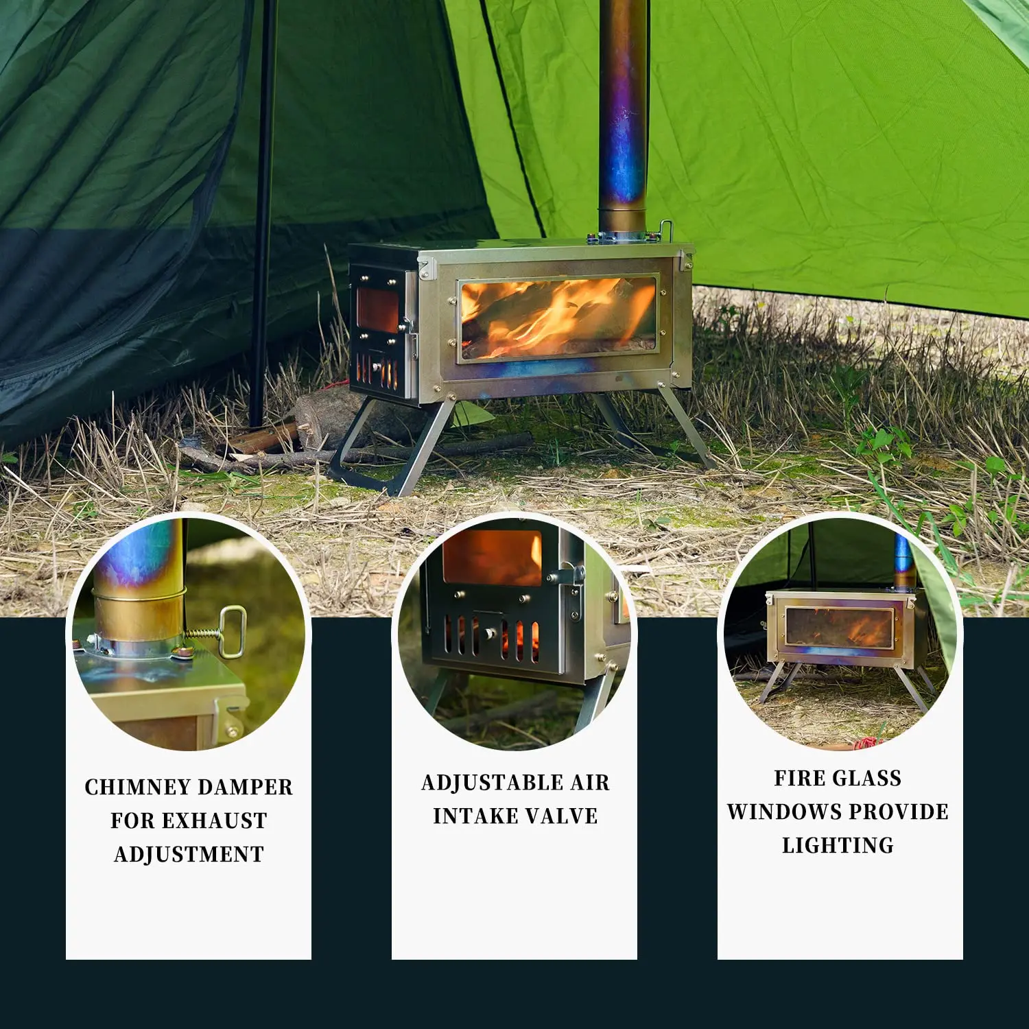 Portable Tent Stove Outdoor Foldable Titanium Sliver Pellet Wood Burning Camping Stove With