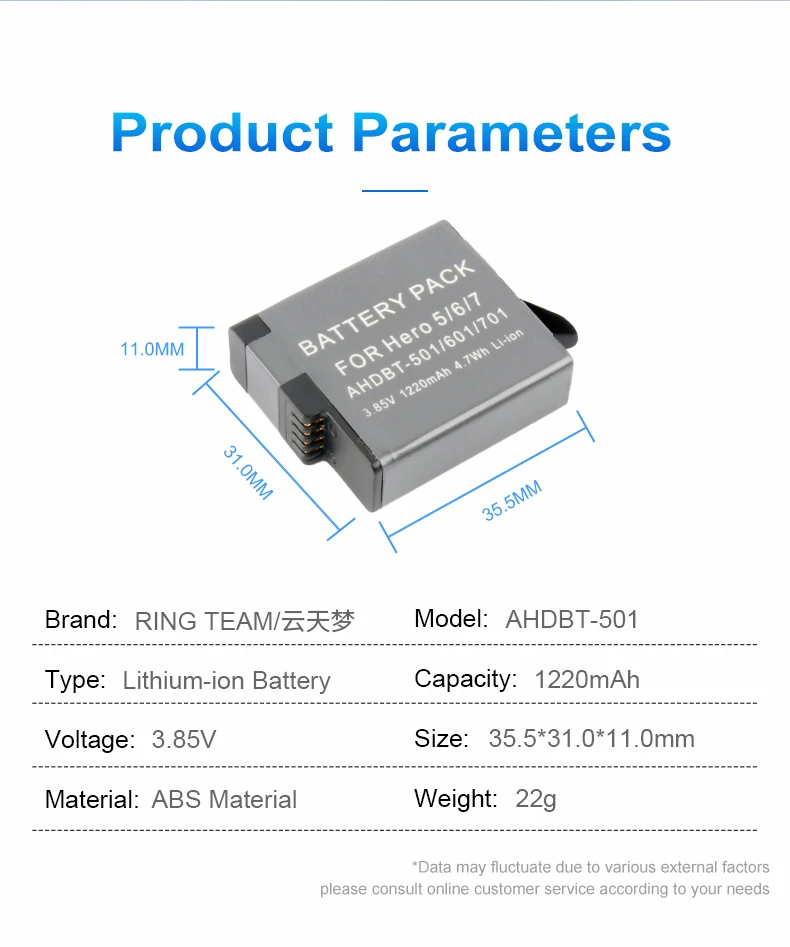 AHDBT-501 Battery Pack AHDBT501 Lithium ion Batteries for Gopro Hero5 Hero6 Hero7 Cameras details