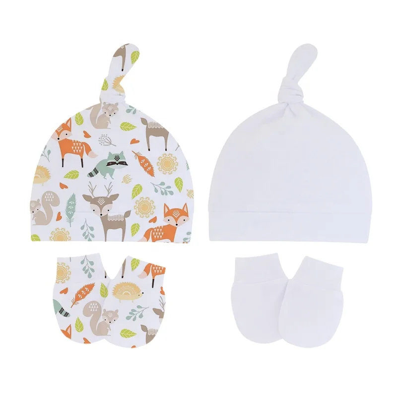 RubySub Personalized Newborn Bundle Infant Hat and Mitten Knit Sets Sublimation Baby Top Knot Hat
