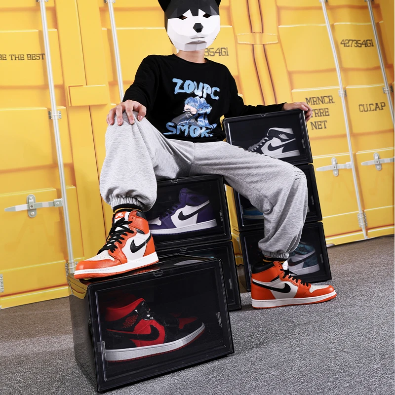 Haixin Drop Front Stackable Shoe Box Sneaker Crates Wholesale Shoe Case Custom Clear Transparent Sneaker Box