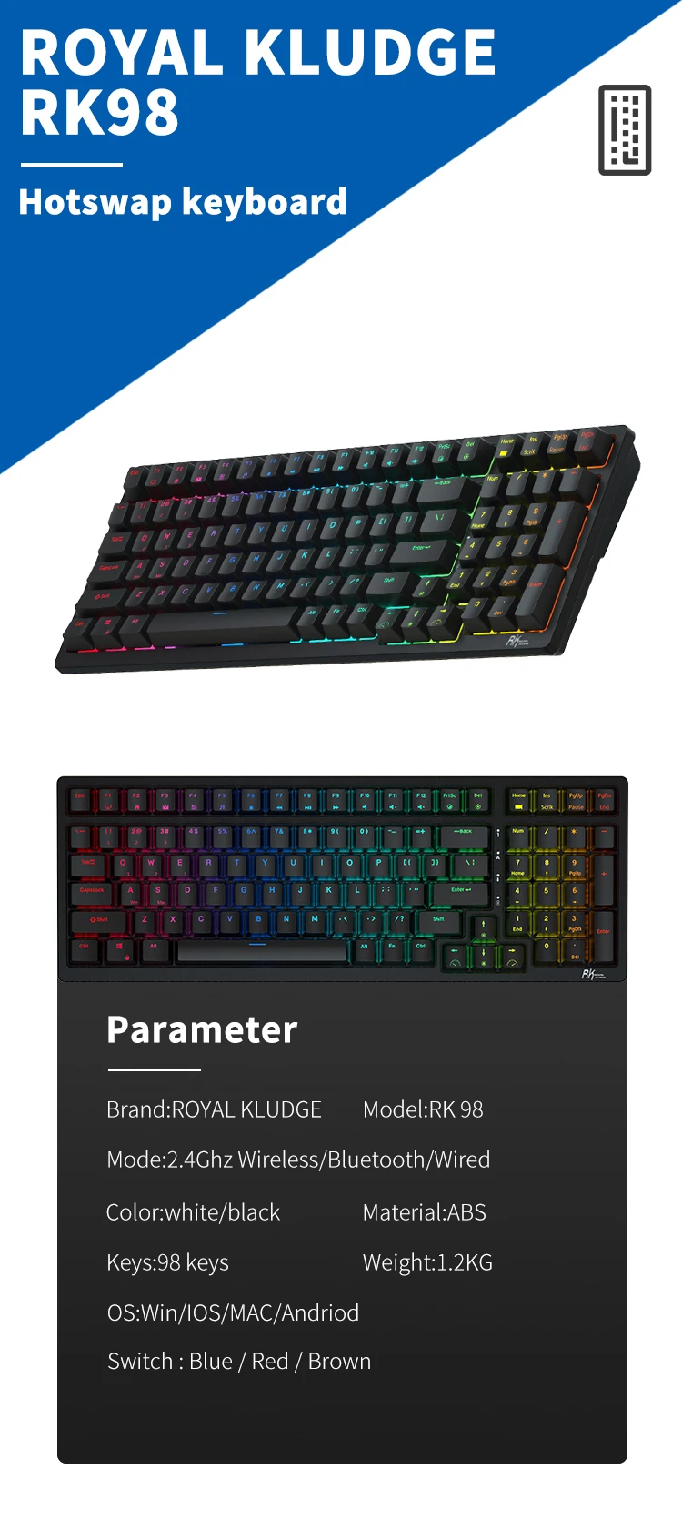 Royal Kludge Rk98 Mac Usb Keyboard Custom Gmk Keycaps Mechanical Keyboard Kit Typewriter