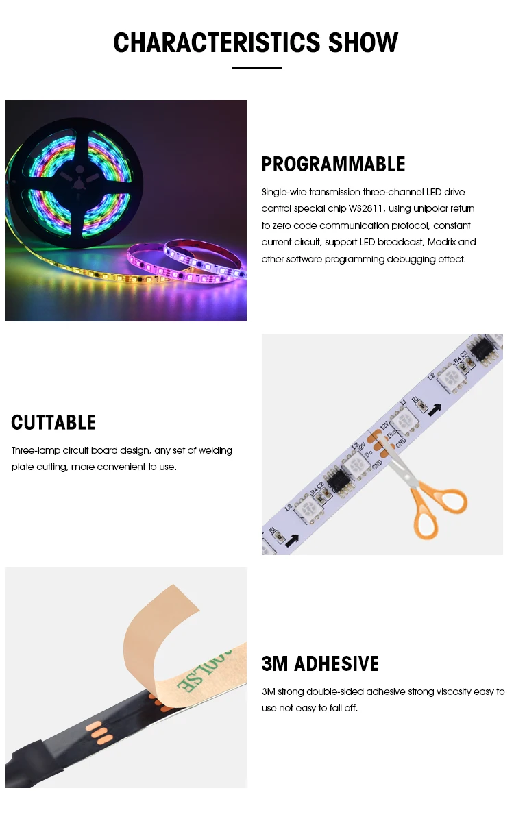 Jercio SM16703 / WS2811 / UCS1903 / XT1801 SMD5050 DC12V External IC RGB Flexible LED Strip 60leds/m for decorative Lighting