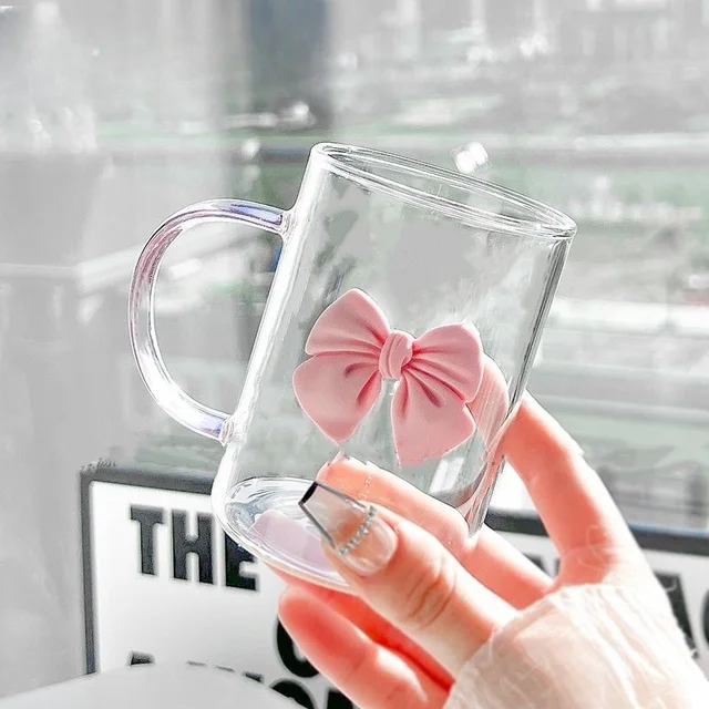 2024 New Square Glasses with Handles, Pink Bow Juice Glasses with Straws clear glass cup