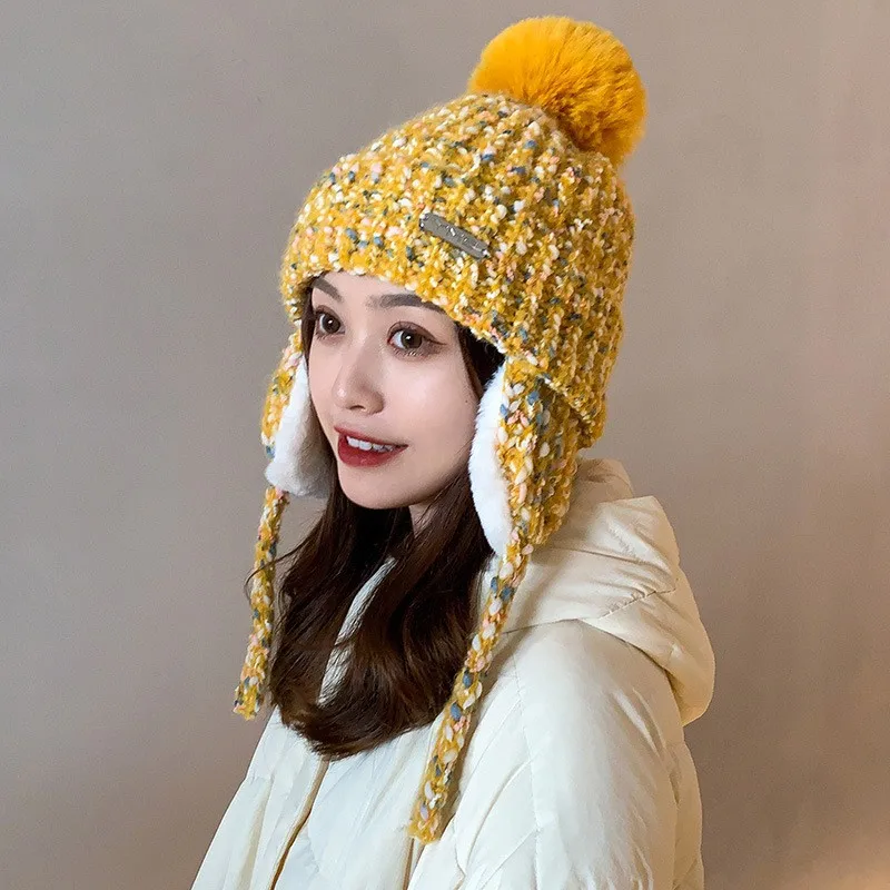Women's Winter Warm Hat Trendy Chunky Oversized Winter Hats Printed Faux  Fur Pom Knitted Beanies