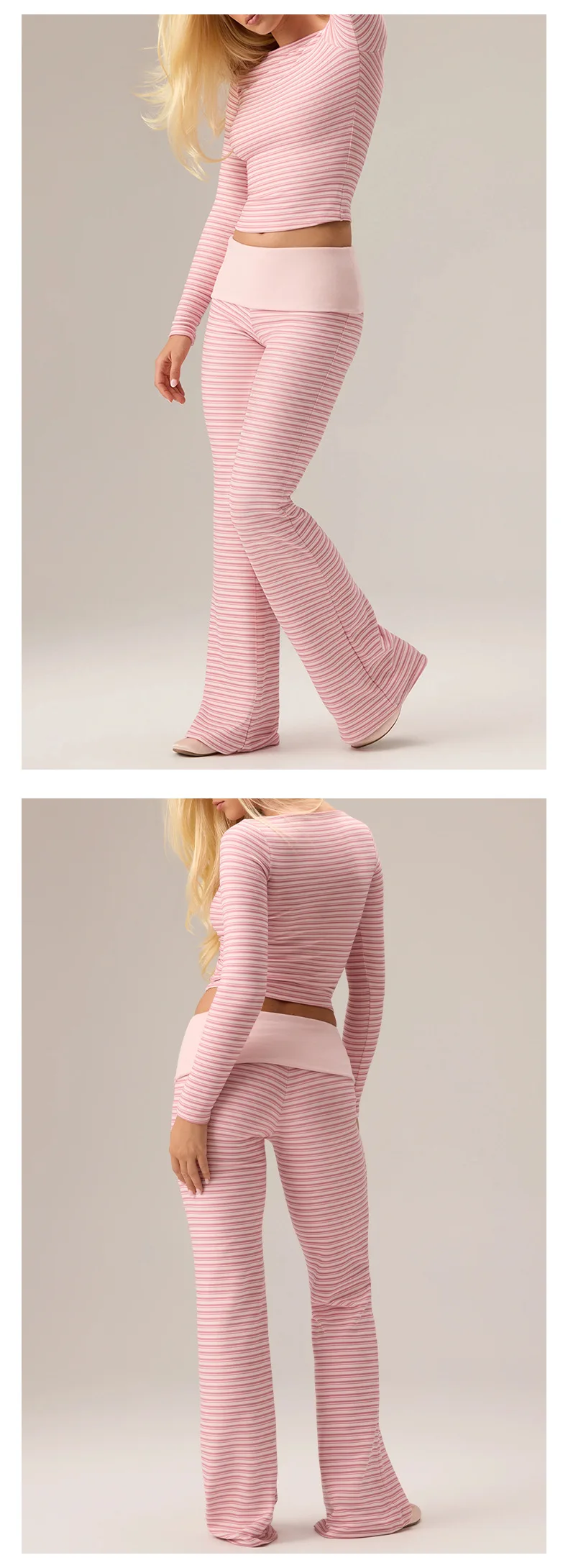 Quick Dry Striped Yoga Set Ribbed Long Sleeve Flared Leg Pants Active Stretch Womens Fitness Outfit — detail
