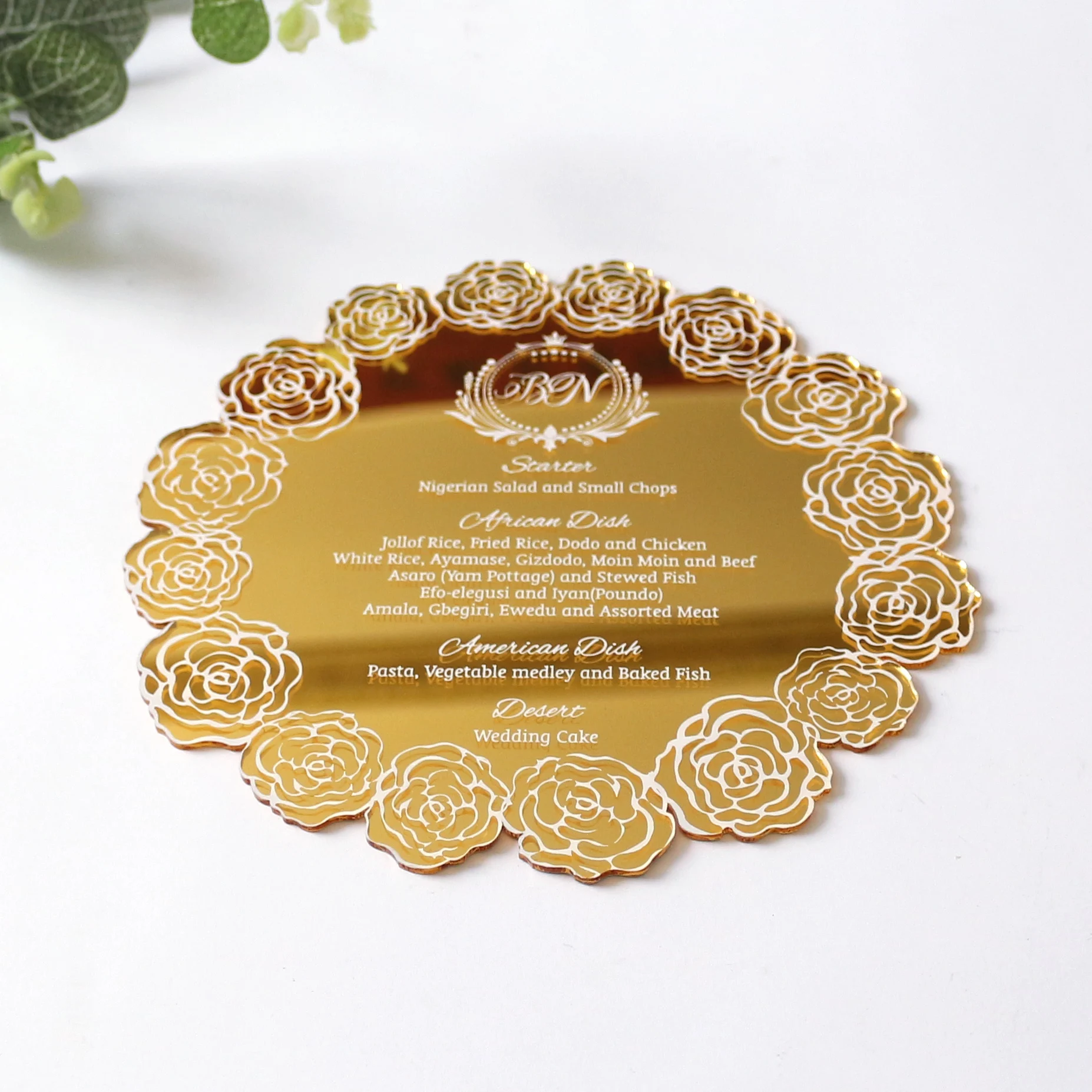 Customized Printing Engraved Round Mirror Acrylic Wedding Menus Cards