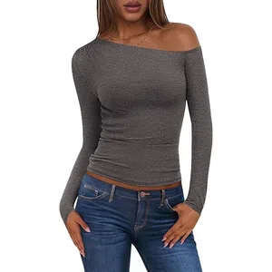 2025 Autumn Women's Sexy Off Shoulder Long Sleeve Slant Neck Fashion Casual T-shirt