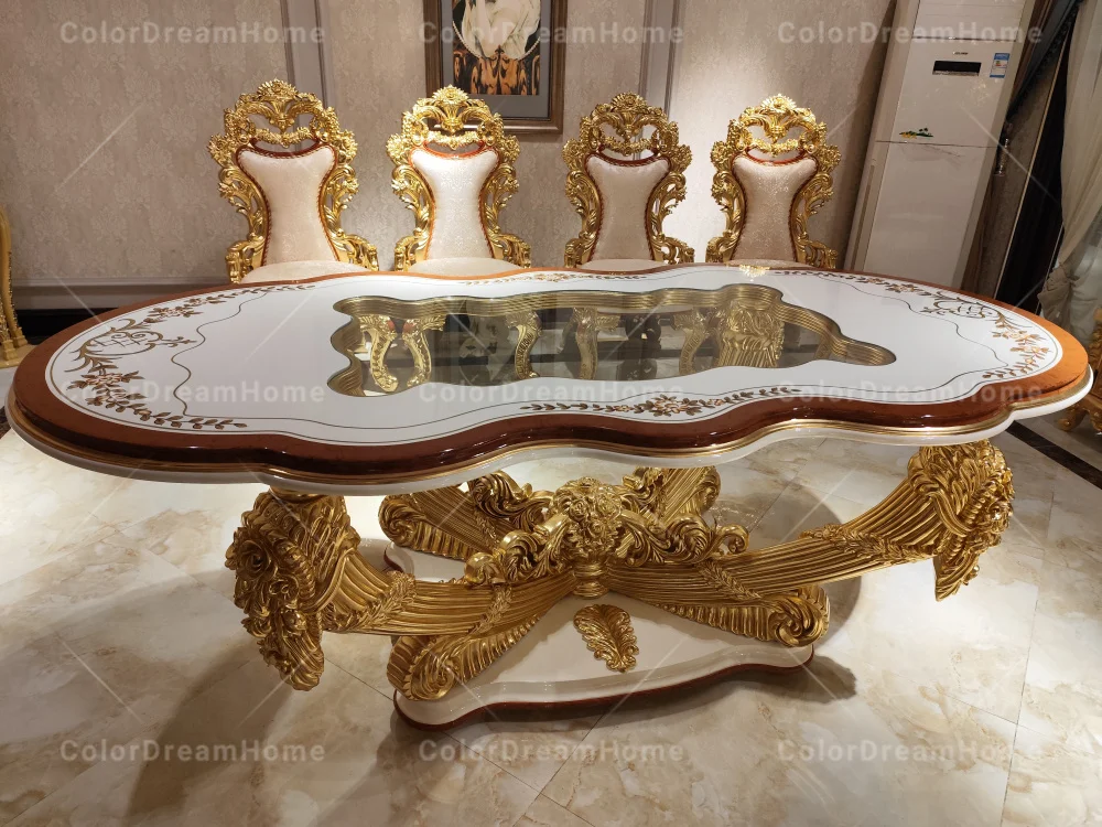 Royal Style Baroque Dining Table Set Hand Carved Solid Wood Glass Top ...