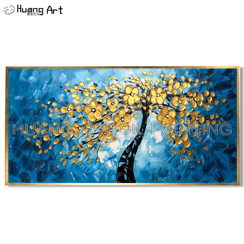 New Hand-painted Blue Background Oil Painting For Living Room Decor Modern  Thick Knife Gold Flower Tree Scenery Oil Painting - Buy Blue Background Oil  Painting Oil Paintings On Canvas Thick Knife Gold