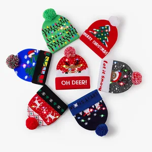 Wholesale Christmas Knitted Hat Led Light Glowing European and American Christmas Wool Hat Reindeer Snowman Christmas Hat