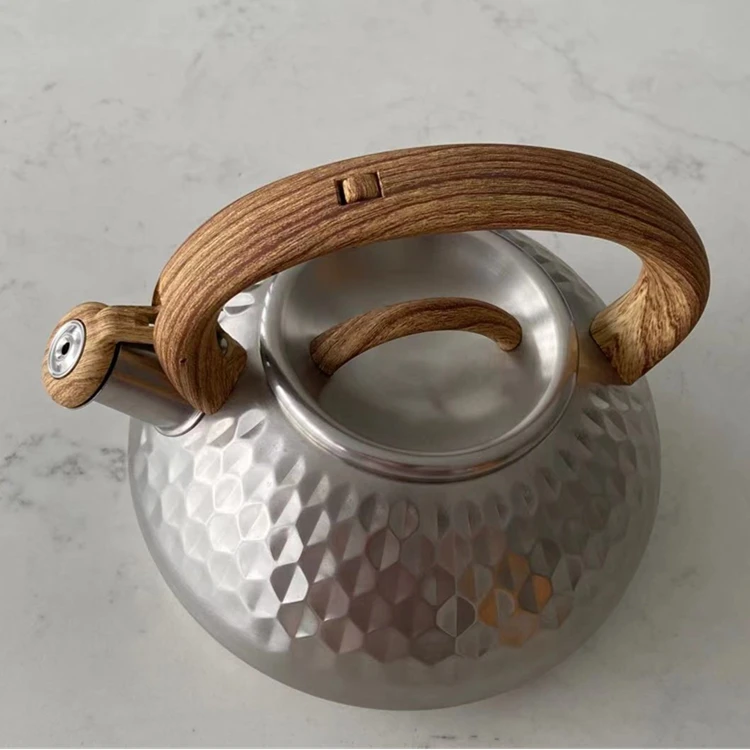 0夸脱钻石设计水壶食品级不锈钢茶壶带木纹提手水壶