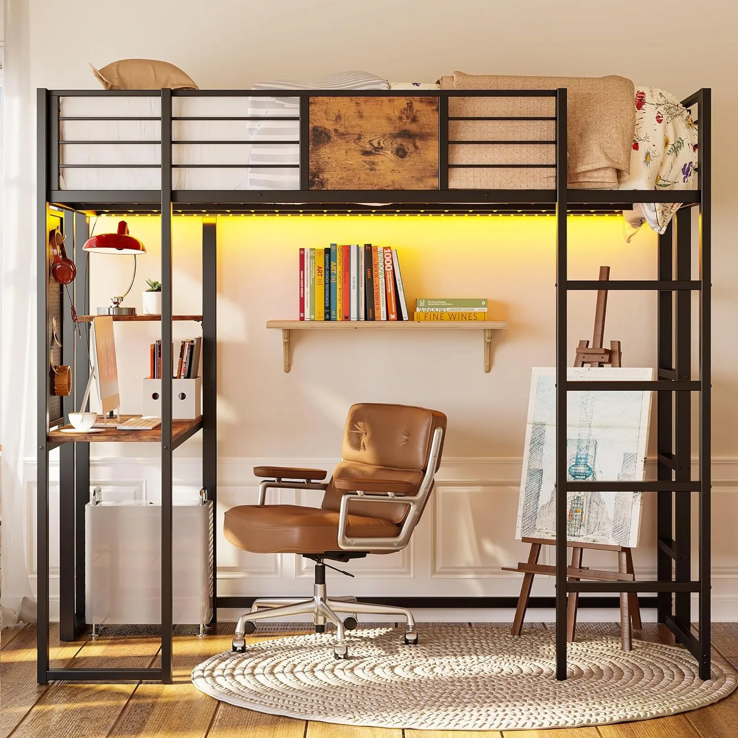 Factory Wholesale Metal Loft Bed Double Bed with Desk and Shelf 2 Built-in Ladders Power Outlets & LED Lights for Hotel Use