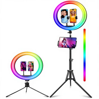 STALLY 13.3" Ring Light Tripod Stand Music Mode Wireless Remote 3 Phone Holders 3 CCT Modes 48 RGB Colors Adjustable Color Temp detail image