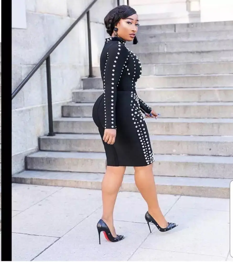 Vestido bandage de manga larga con perlas para mujer, novedad, moda, venta  al por mayor, informal, 2022