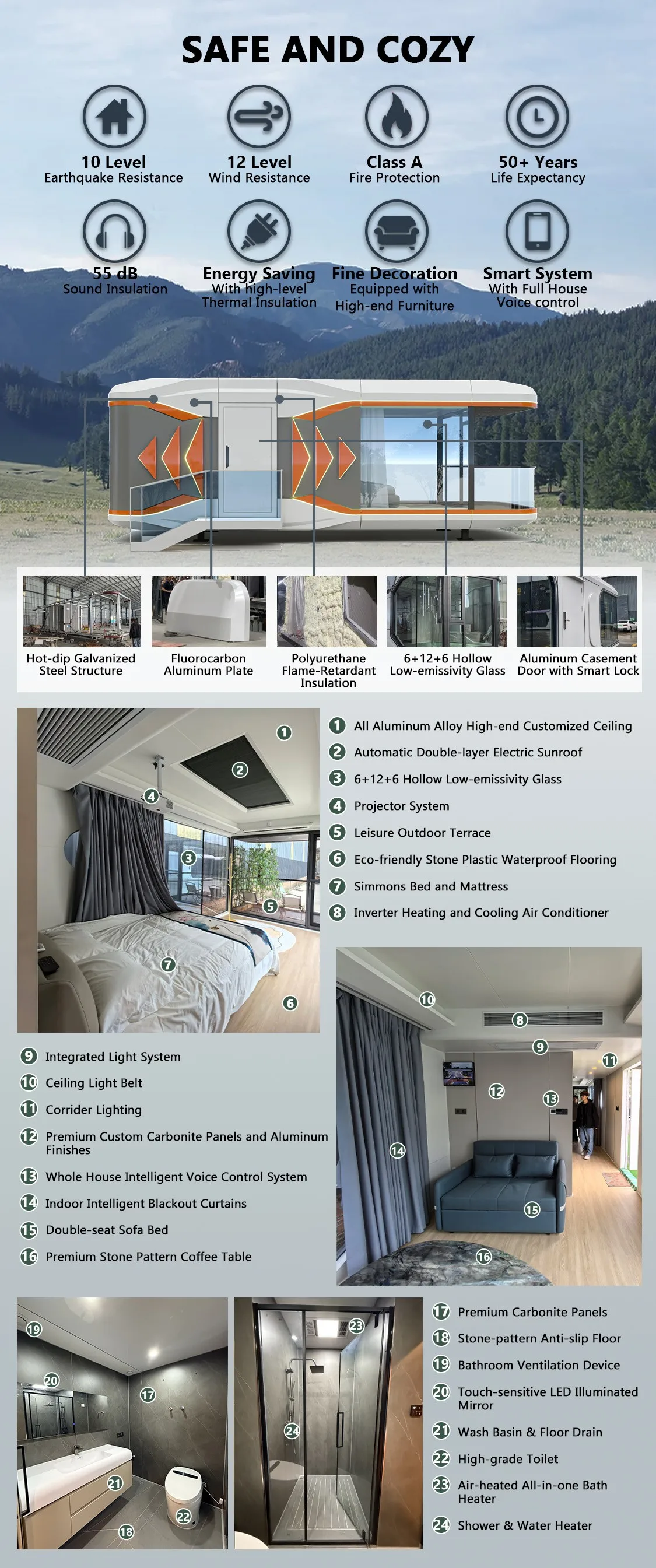 Luxury Design Eco Sandwich Panel Movable Prefrab Cabin Home 8 Meter Capsule Tiny House for Camping factory