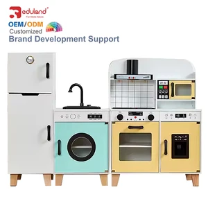 EDULAND OEM ODM Unisex Wooden Kitchen Toys Set 3-in-1 Dining Table Toy and Workable Learning Juice Maker Kitchen Toy for Cooking